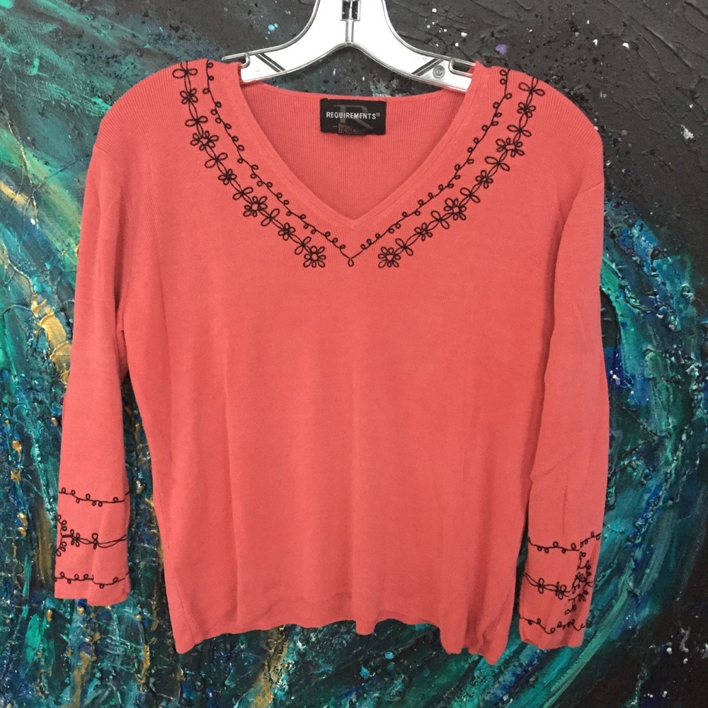 Coral casual blouse w/ neck line embroidery detail